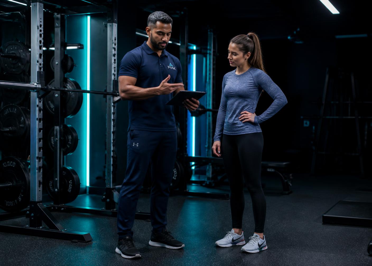 Personal trainer coaching an athlete through a barbell set