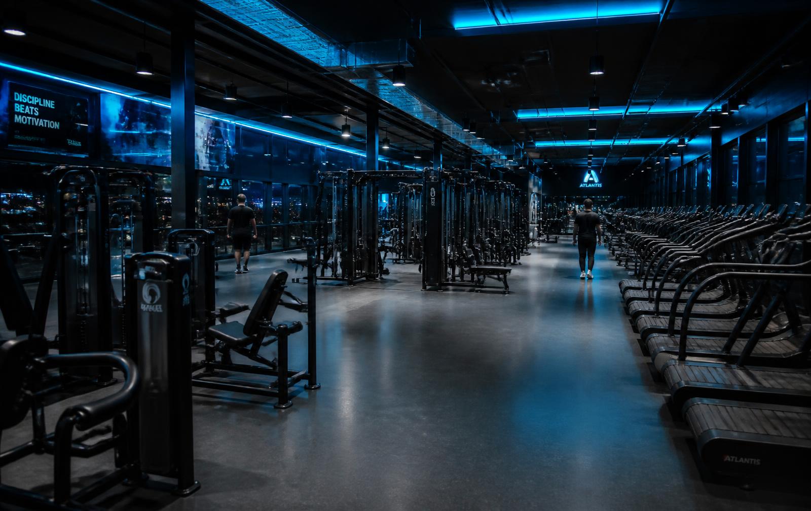 Modern luxury gym floor with racks and cyan accent lighting